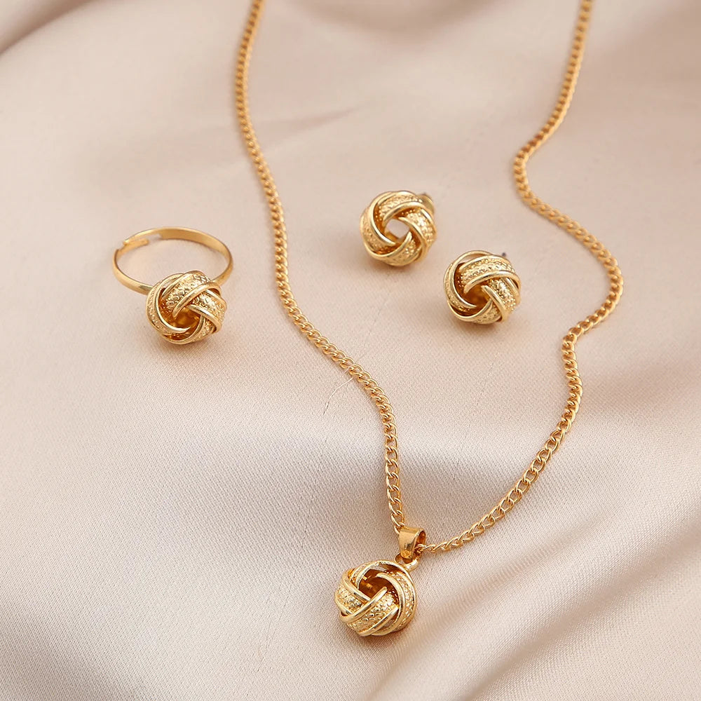 Gold Color Alloy Metal Twist Lucky Knot Earrings Necklace Ring Jewelry Set