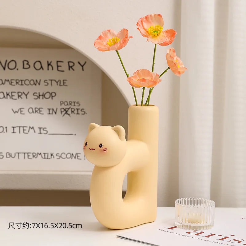 Tube Shaped Cat Resin Vase, Creative, Cute, Modern, Minimalist, Home Decoration, Flower Vase