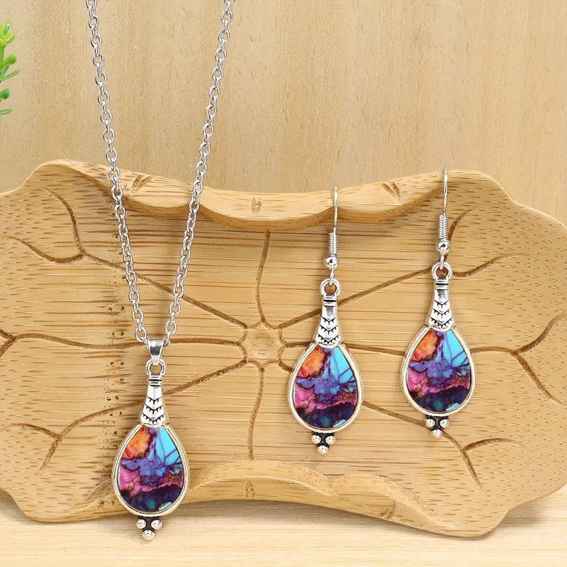 Fashionable and Exquisite Bohemian Retro Waterdrop Earrings Necklace Set for Women Men Jewelry Valentine's Day Anniversary Gift