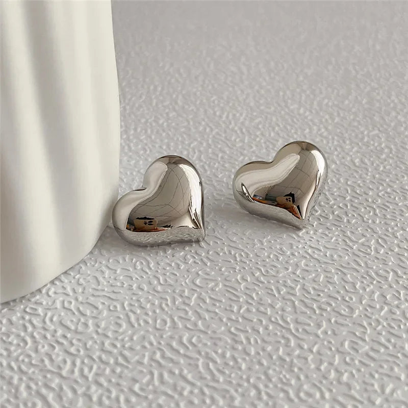 Gold Color Smooth Surface Love Heart Shaped Stud Earrings Minimalist Fashion