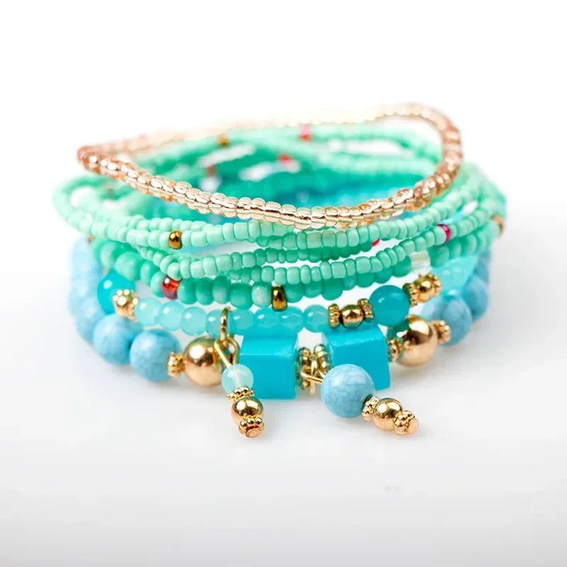 Bohemian Handmade Beads Bracelet Set  Summer Colorful Beaded Chain Bangle