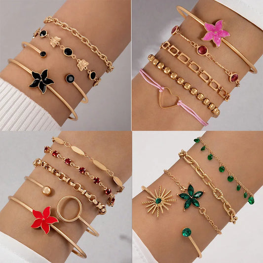 Tocona Charms Colorful Flower Multilayered Open Bracelet Alloy Dropping Oil Beads Bangle 4pcs/Set