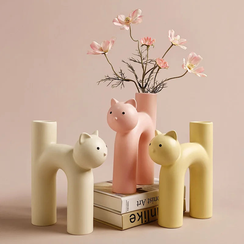 Tube Shaped Cat Resin Vase, Creative, Cute, Modern, Minimalist, Home Decoration, Flower Vase