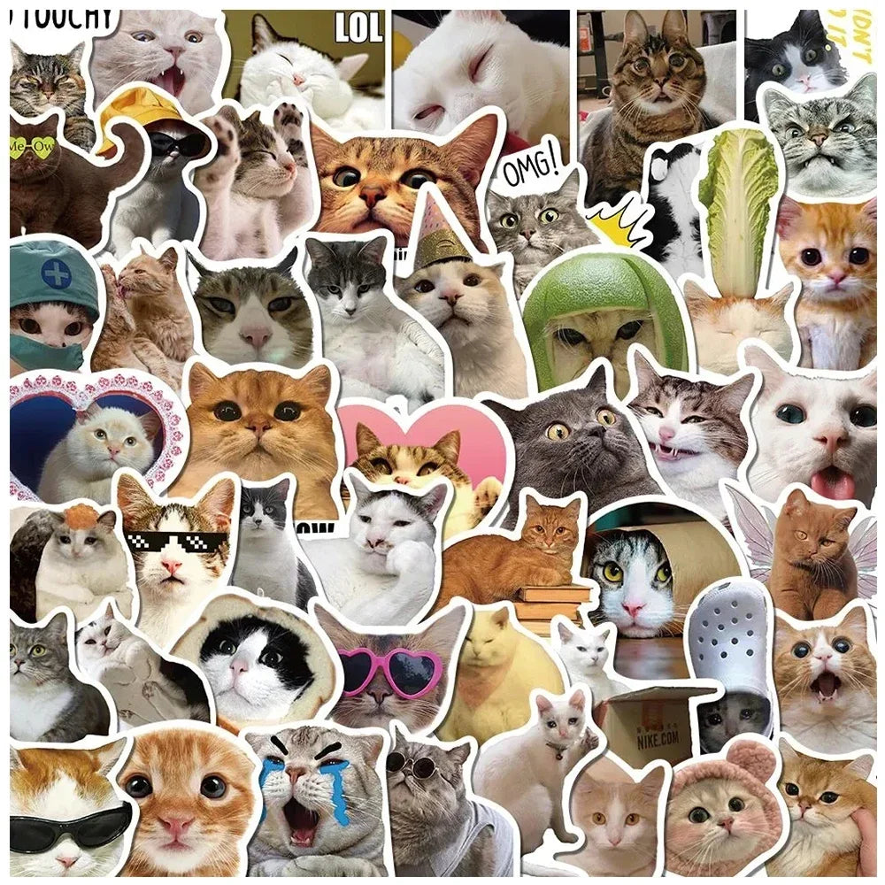 Kawaii Funny Cat Stickers Pack Waterproof Laptop Phone Scrapbooking Motorcycle Car Sticker (50Pcs)