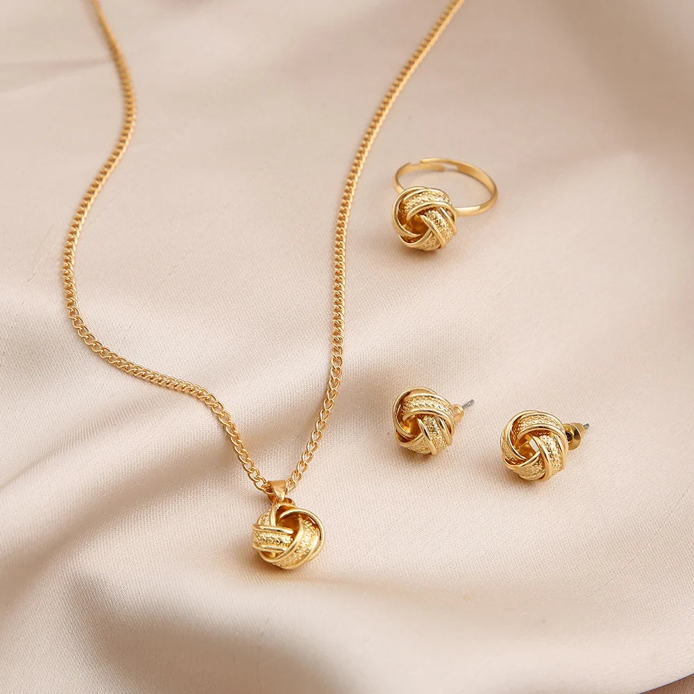 Gold Color Alloy Metal Twist Lucky Knot Earrings Necklace Ring Jewelry Set