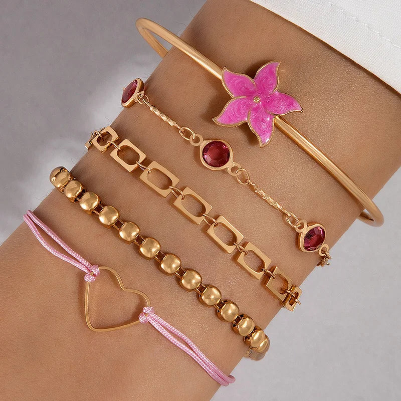 Tocona Charms Colorful Flower Multilayered Open Bracelet Alloy Dropping Oil Beads Bangle 4pcs/Set