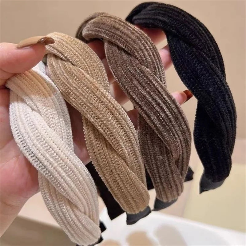 Simple Wide Side Edge Fabric Hair Band Women Fashion Korean Retro Braided Headband Solid Knot Hoop