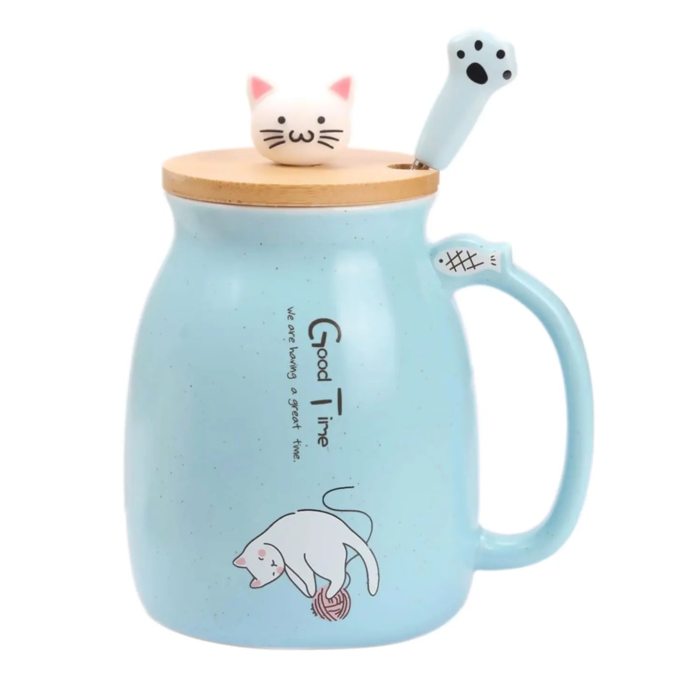 Kawaii Tea Cup Cute Cat Ceramic Coffee Mug with Kitty Lid and Spoon (16oz)