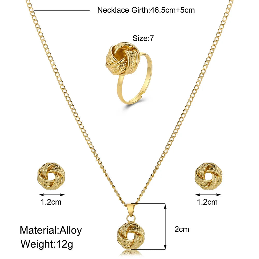 Gold Color Alloy Metal Twist Lucky Knot Earrings Necklace Ring Jewelry Set