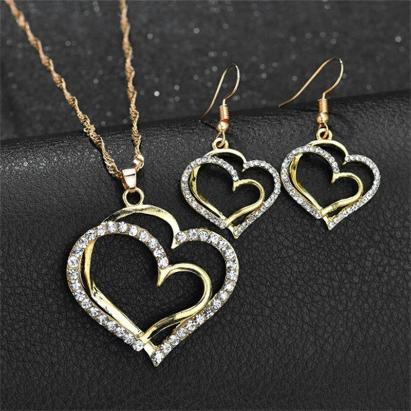 Heart Shaped Jewelry Set Of Earrings Pendant Necklace Exquisite Fashion Rhinestone  Jewelry Set