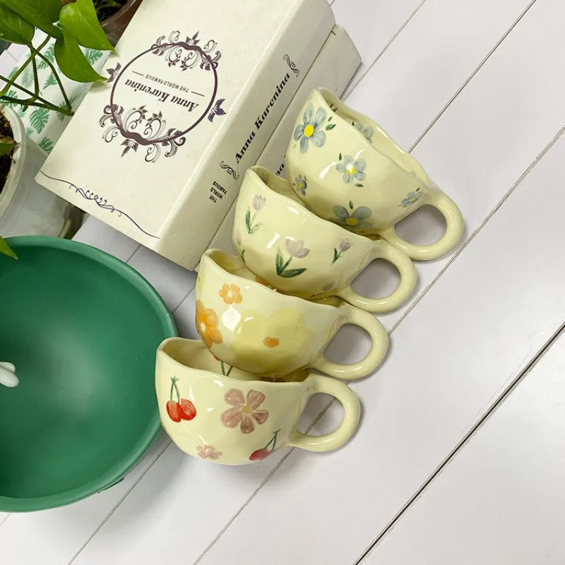 Hand Pinched Irregular Flower Ceramic Mugs Coffee Cups Milk Tea Cup