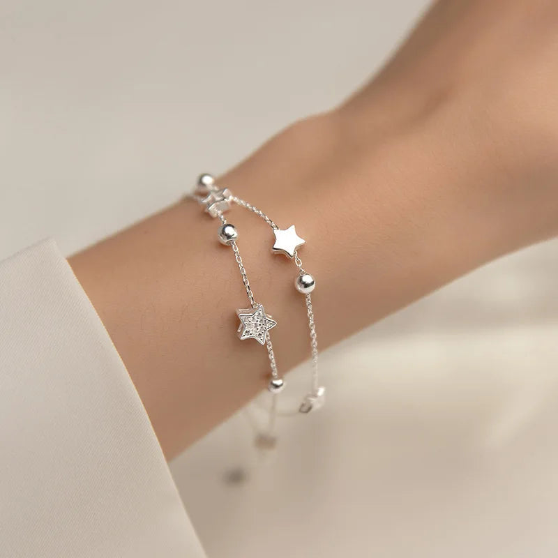 VENTFILLE 925 Stamp Silver Color Star Bracelet Fashion Korean Five-pointed Stars Crystal Double Bracelet