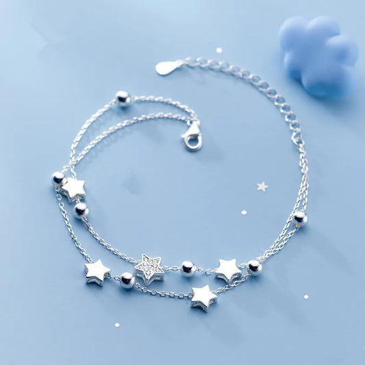 VENTFILLE 925 Stamp Silver Color Star Bracelet Fashion Korean Five-pointed Stars Crystal Double Bracelet