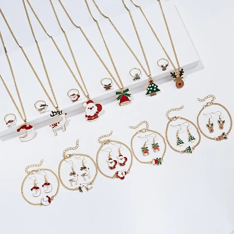 5PCS/Set Christmas Women Alloy Jewelry Set Santa Elk Bell Earrings Necklace Bracelet Decor