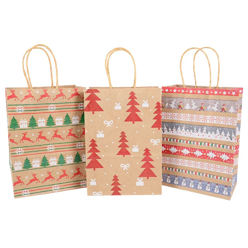 5Pcs Kraft Gift Bags with Handle Elk Snowflake Christmas Tree Merry Christmas Party Packaging Bag