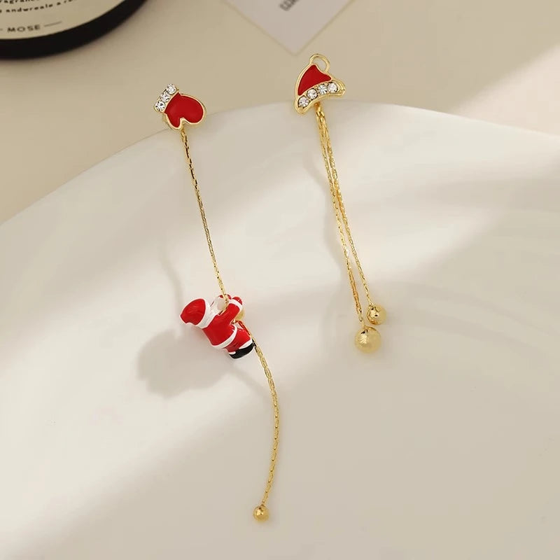 Asymmetric Snowflake Christmas Boot Hat Drop Earrings  Moving Santa Claus Long Tassel Earring