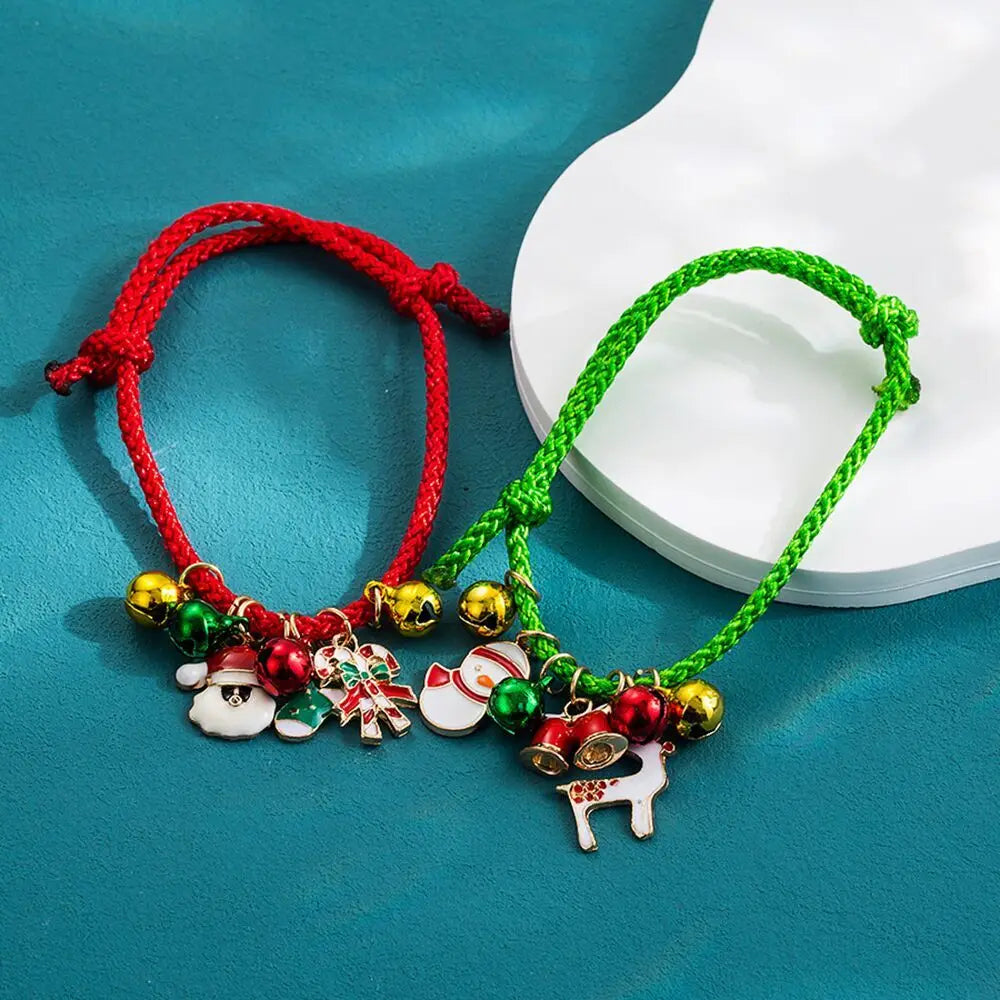 2Pcs/set Cute Santa Claus Snowman Elk Bell Charm Adjustable Couple Bracelet