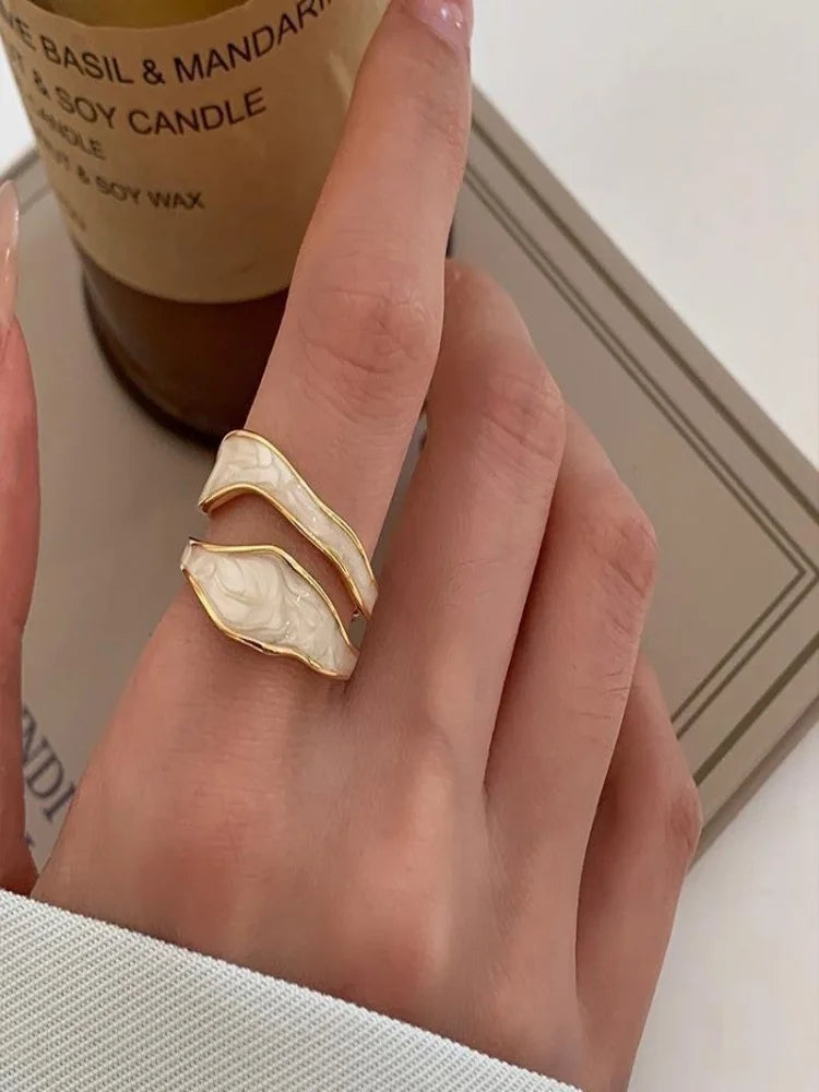 Geometric double-layer hollow ring for women's fashion temperament, irregular drop glaze color blocked open ring, ins style inde