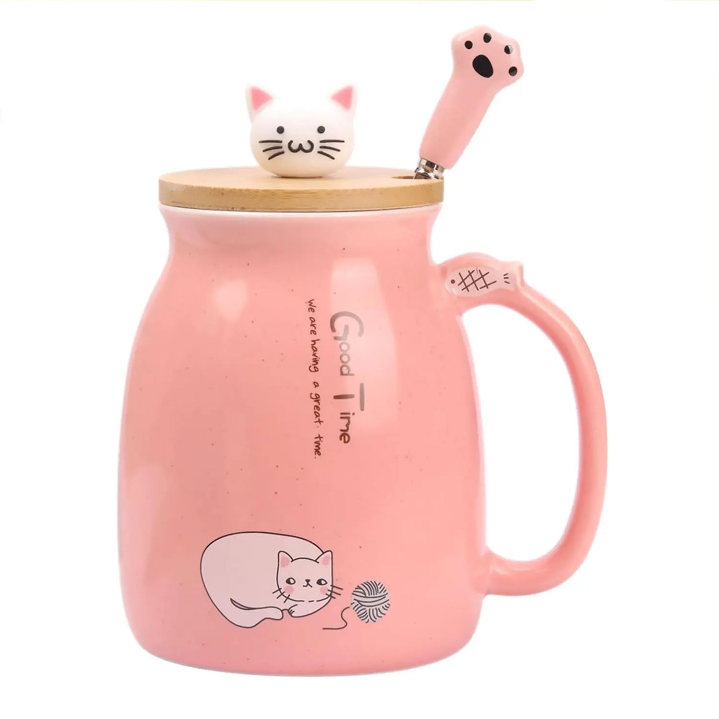 Kawaii Tea Cup Cute Cat Ceramic Coffee Mug with Kitty Lid and Spoon (16oz)