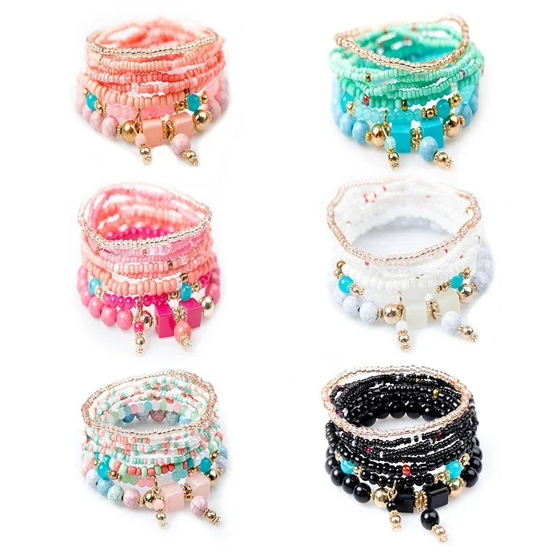 Bohemian Handmade Beads Bracelet Set  Summer Colorful Beaded Chain Bangle