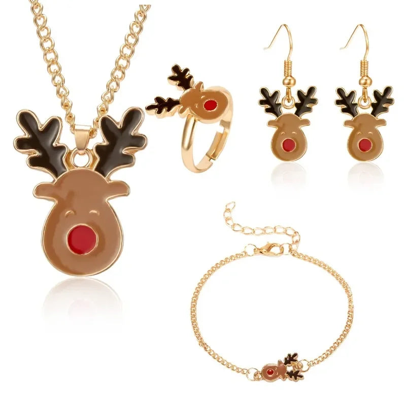 5PCS/Set Christmas Women Alloy Jewelry Set Santa Elk Bell Earrings Necklace Bracelet Decor