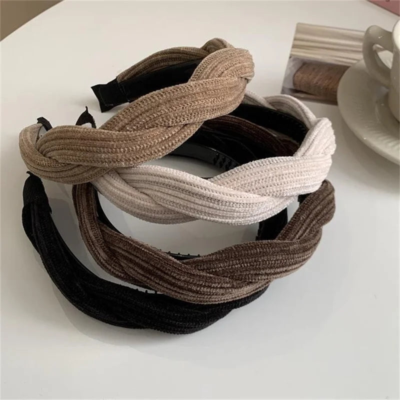 Simple Wide Side Edge Fabric Hair Band Women Fashion Korean Retro Braided Headband Solid Knot Hoop