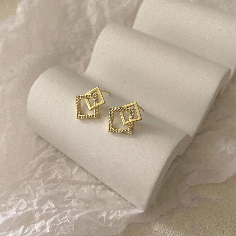 Korean Geometric Double Layers Rhombus Earrings Gold Color Crystal Temperament Earring