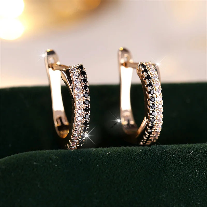 Trendy Crystal Earrings Black And White Zircon Fashion Champagne Gold Color Earrings