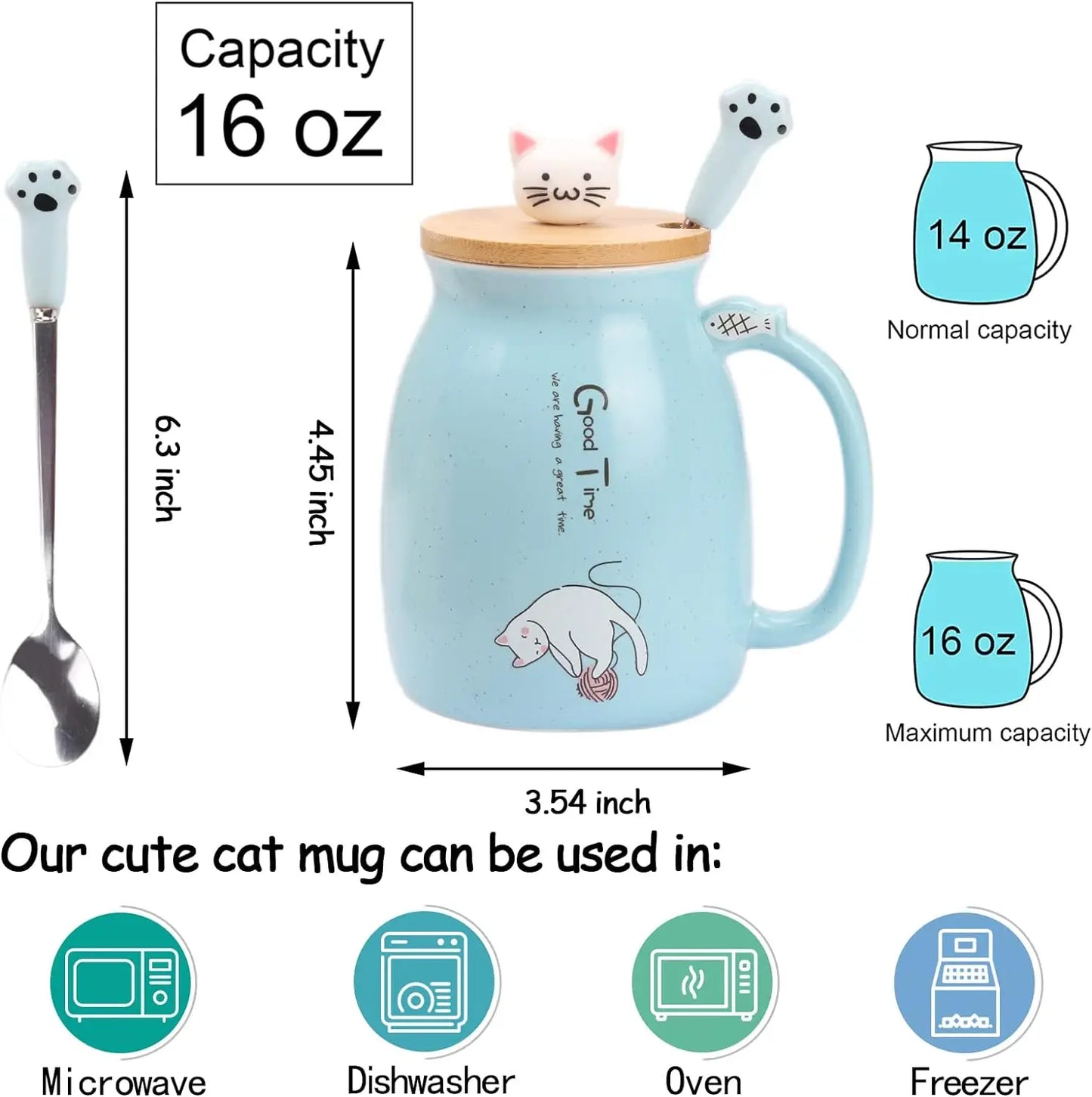 Kawaii Tea Cup Cute Cat Ceramic Coffee Mug with Kitty Lid and Spoon (16oz)