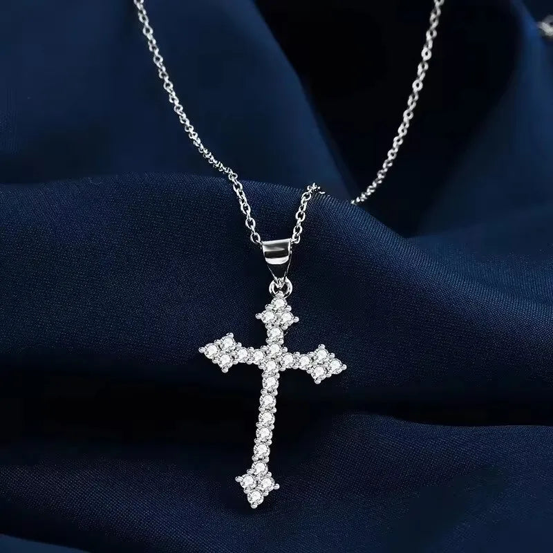 White Gold-color Necklace Simple Cold Style Set With Glass Rhinestones Cross Copper Alloy Pendant