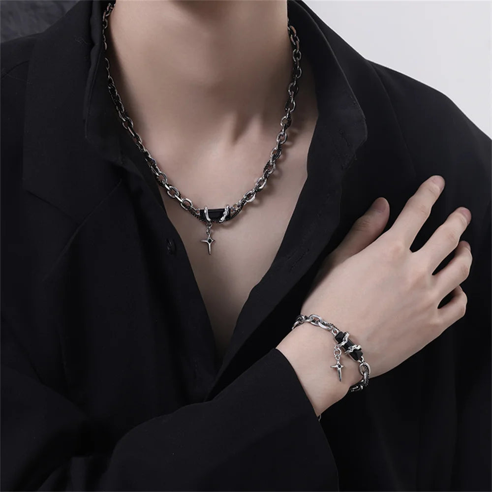 Retro Black Zircon Star Bracelet Trend Titanium Steel Punk Nk Chain Unisex Jewelry