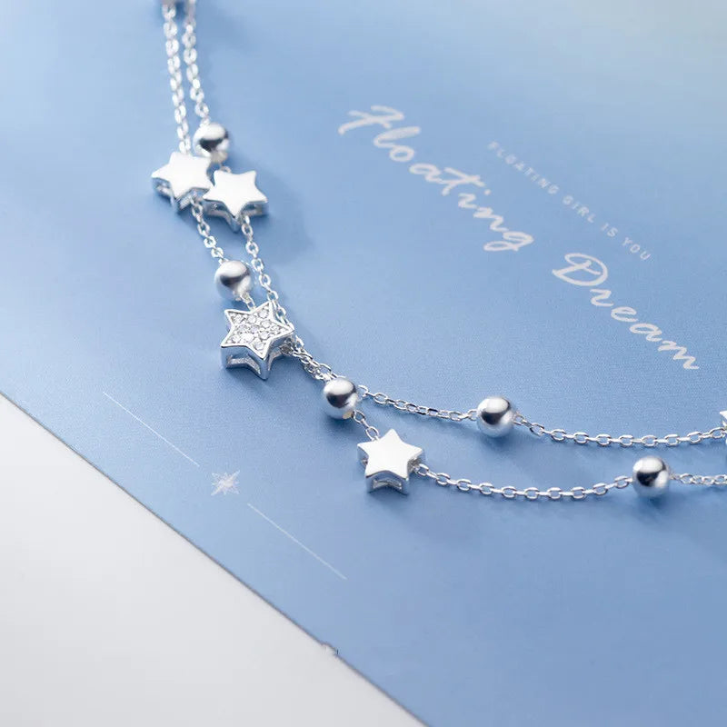 VENTFILLE 925 Stamp Silver Color Star Bracelet Fashion Korean Five-pointed Stars Crystal Double Bracelet