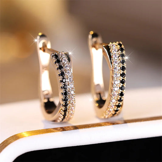 Trendy Crystal Earrings Black And White Zircon Fashion Champagne Gold Color Earrings