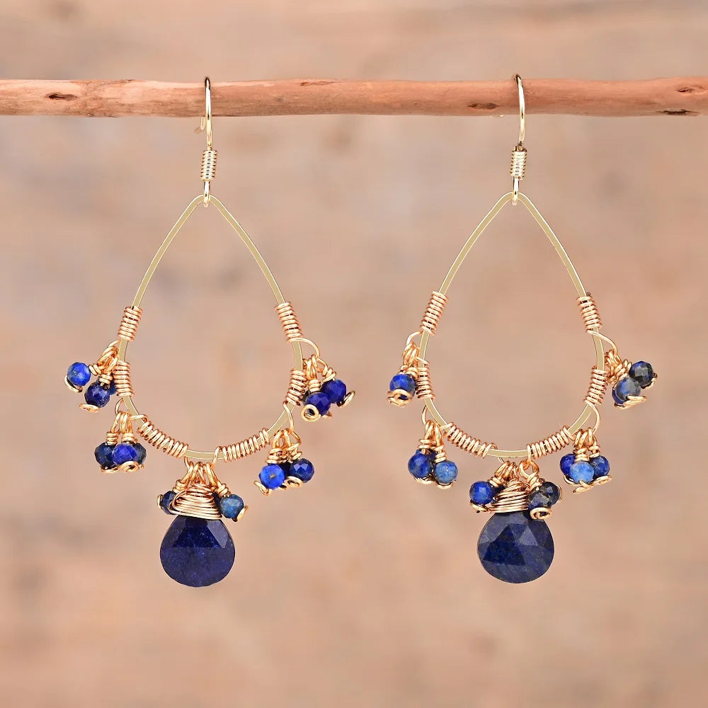 Classic Fashion Natural Stone Earrings Elegant Rose Quartz Lapis Lazuli Healing Amethyst Earrings