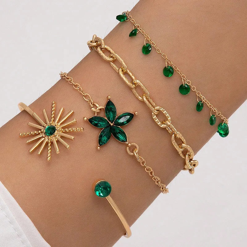 Tocona Charms Colorful Flower Multilayered Open Bracelet Alloy Dropping Oil Beads Bangle 4pcs/Set