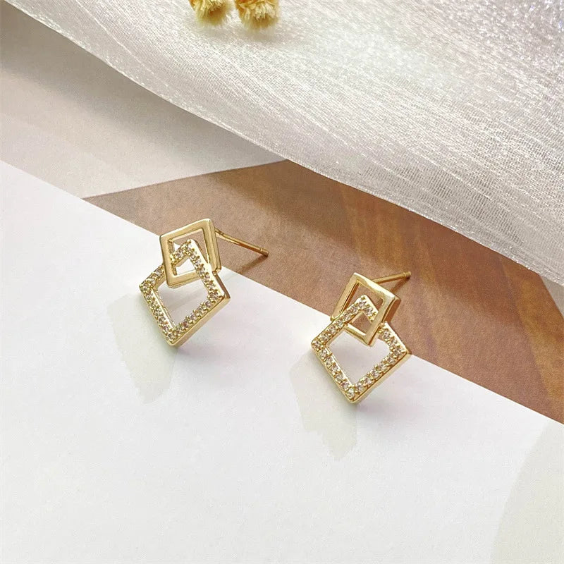 Korean Geometric Double Layers Rhombus Earrings Gold Color Crystal Temperament Earring