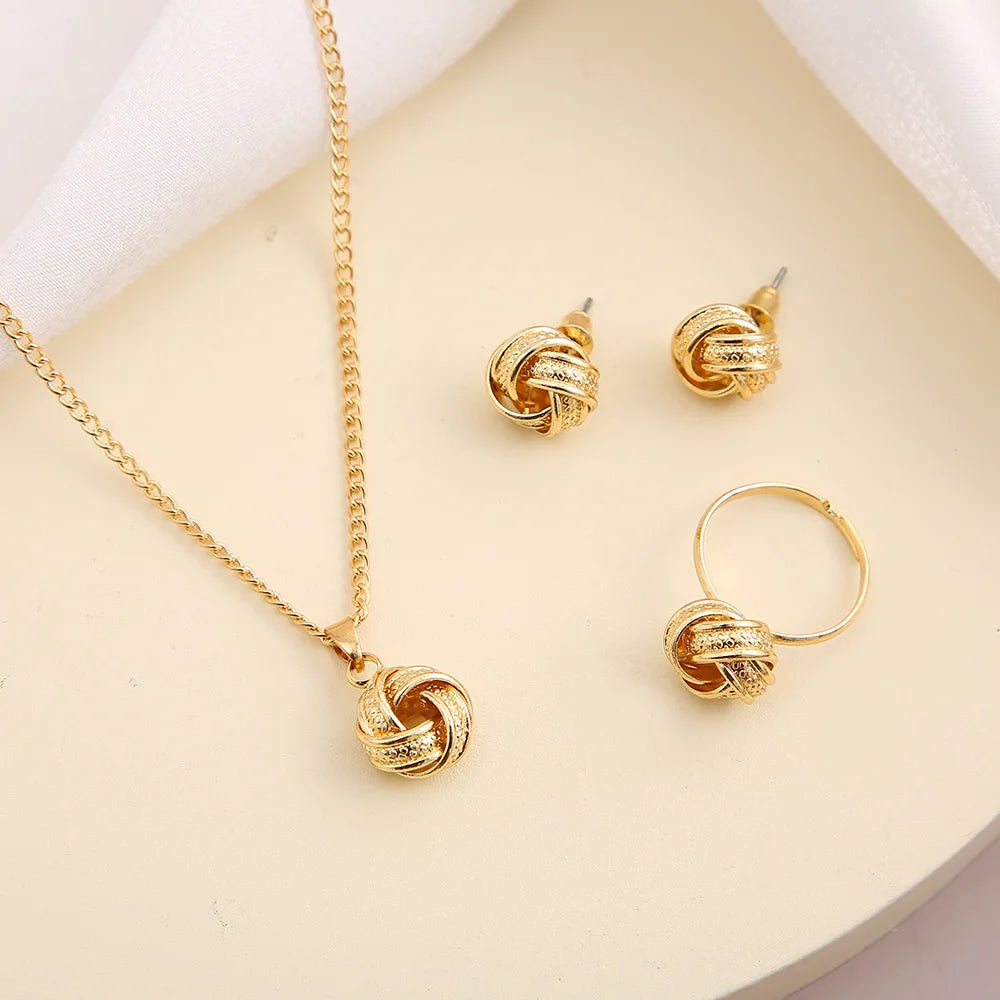 Gold Color Alloy Metal Twist Lucky Knot Earrings Necklace Ring Jewelry Set