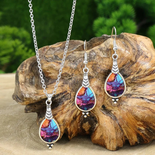 Fashionable and Exquisite Bohemian Retro Waterdrop Earrings Necklace Set for Women Men Jewelry Valentine's Day Anniversary Gift