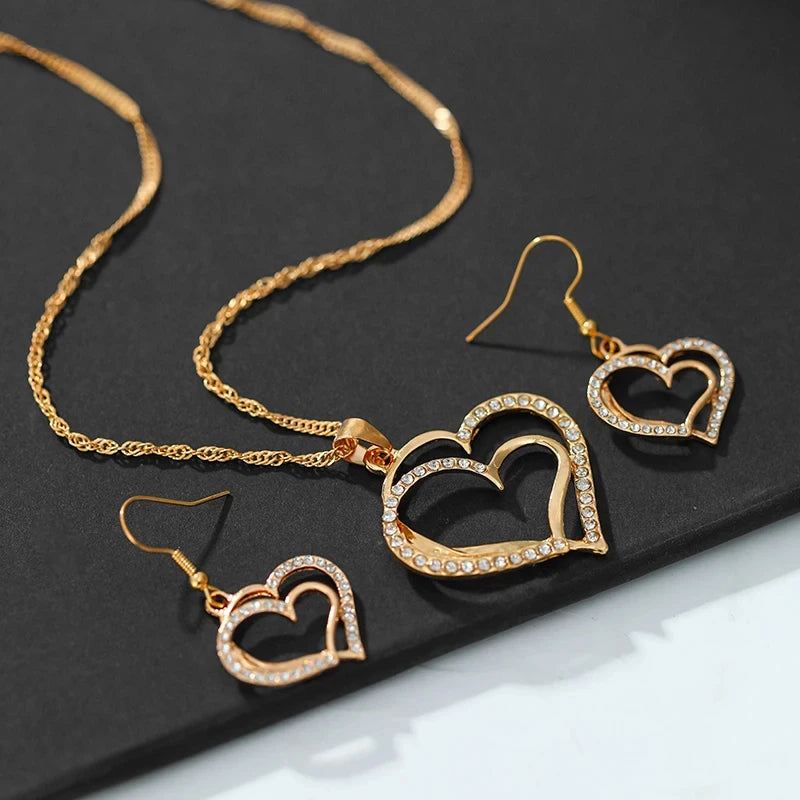 Heart Shaped Jewelry Set Of Earrings Pendant Necklace Exquisite Fashion Rhinestone  Jewelry Set