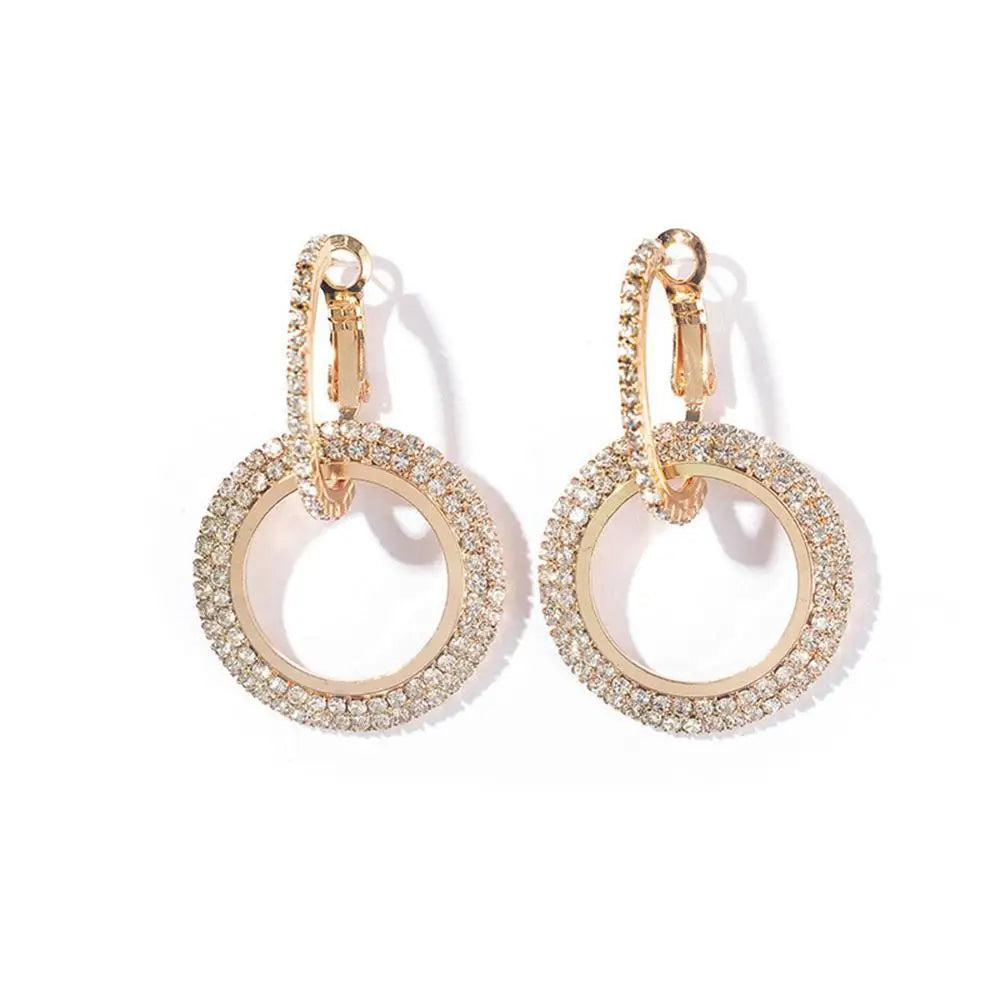 Sparkling Hoop Earrings Creative Geometric Zircon Inlaid Double Ring Drop Earrings