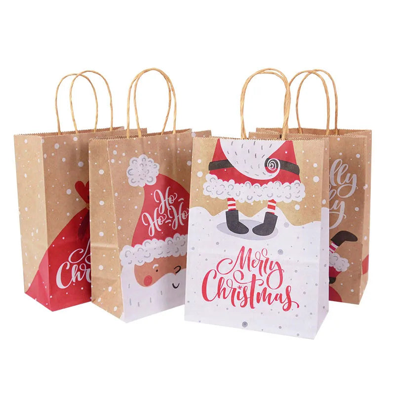 5Pcs Kraft Gift Bags with Handle Elk Snowflake Christmas Tree Merry Christmas Party Packaging Bag