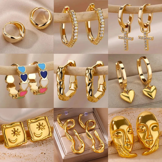 Stainless Steel Earring Heart Zircon Gold Color Hoop Earrings Vintage Waterproof Earring