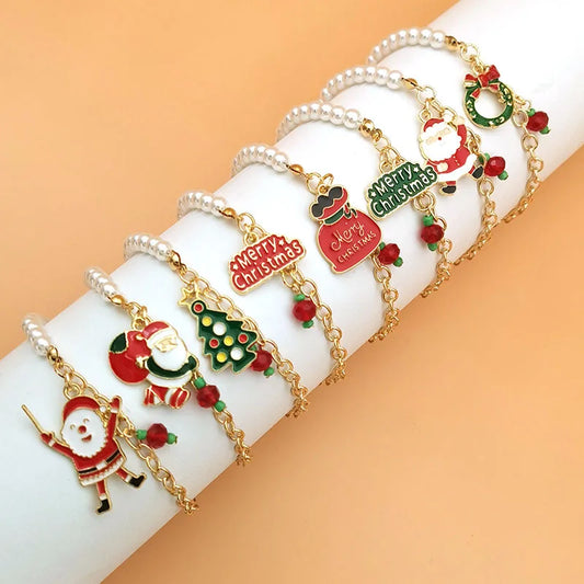 New Christmas Bracelets Imitation Pearl Santa Claus Snowman Pendant Bracelets Bangle