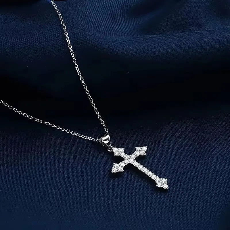 White Gold-color Necklace Simple Cold Style Set With Glass Rhinestones Cross Copper Alloy Pendant