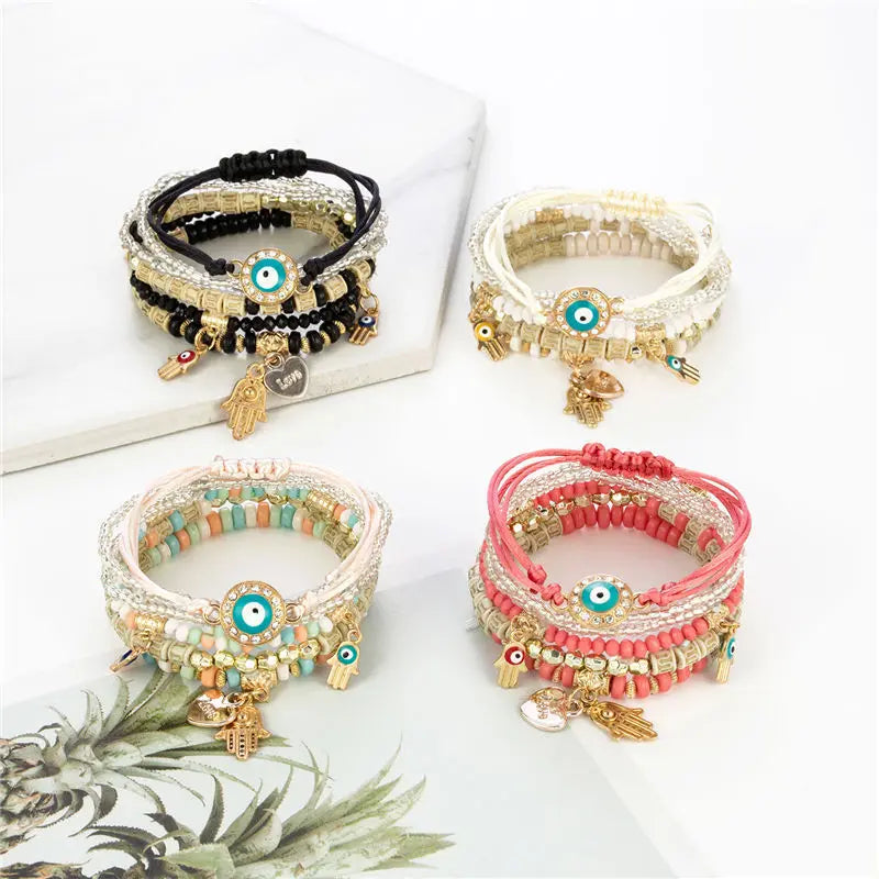 Bohemian Evil Eye Bracelet Set  Fatima Hand Heart Charm Beaded Rope Chain (6Pcs/set)